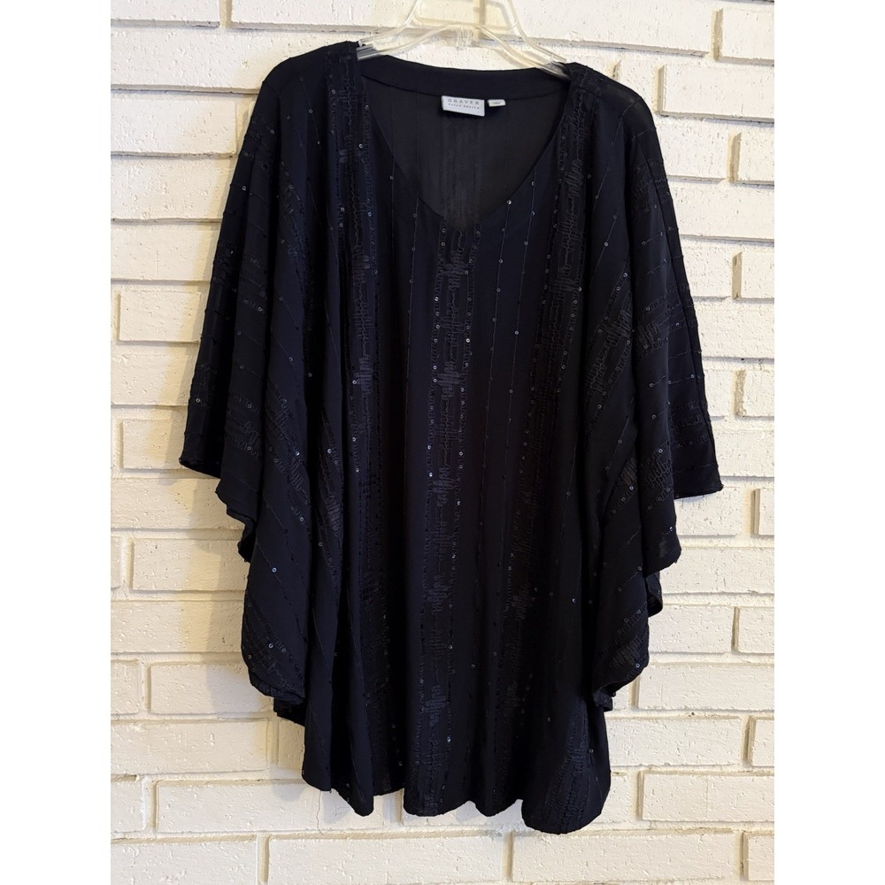 Susan Graver Sequined Lace Scarf Poncho Top Black Size XL